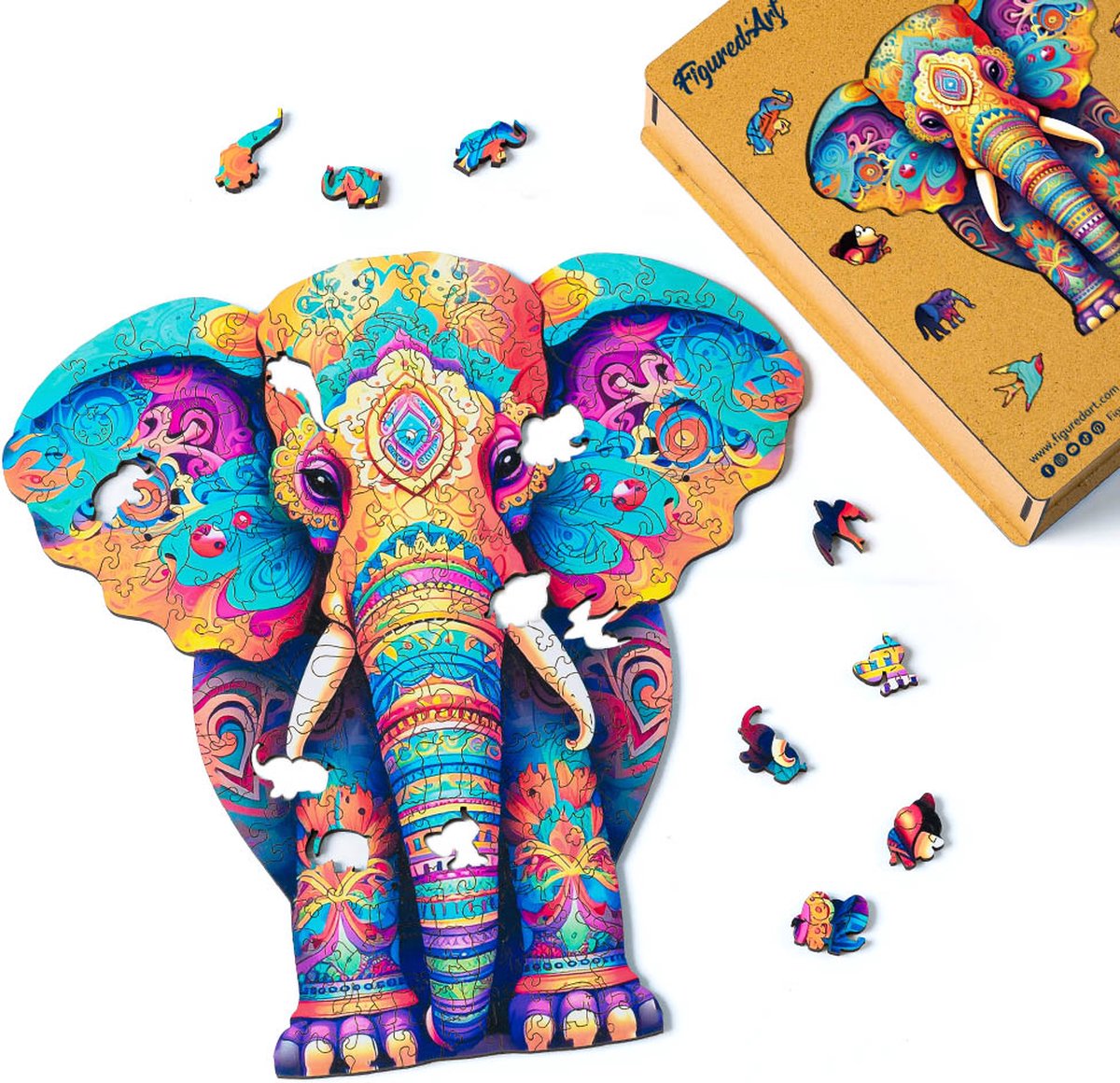 FiguredArt Houten Puzzel 200 Stukjes Volwassenen en Kinderen - Dieren - Majestueuze Olifant - Uniek Design 28,5x29 cm met Premium Houten Doos, Perfect als Cadeau
